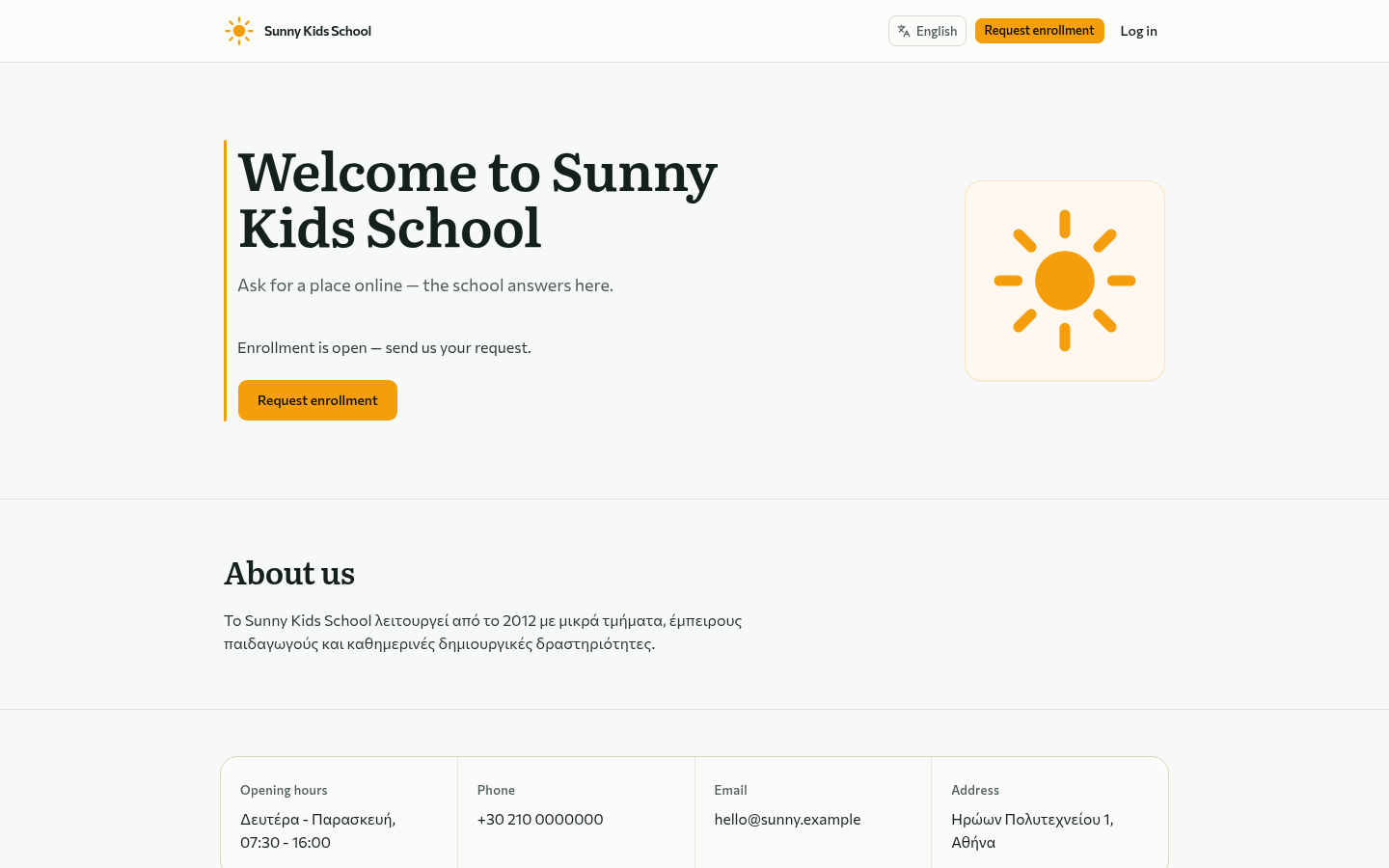 A school site powered by enrolla, with open enrollment